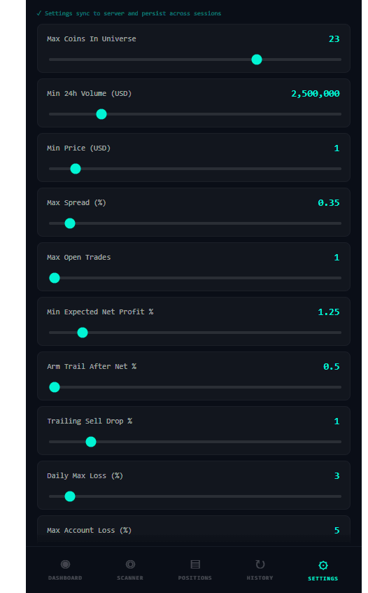 Crypto trader settings screen showing risk limits, trade controls, and live and paper trading modes