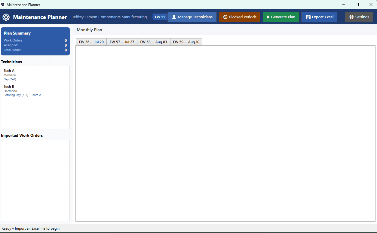 Maintenance Planner desktop application monthly planning screen